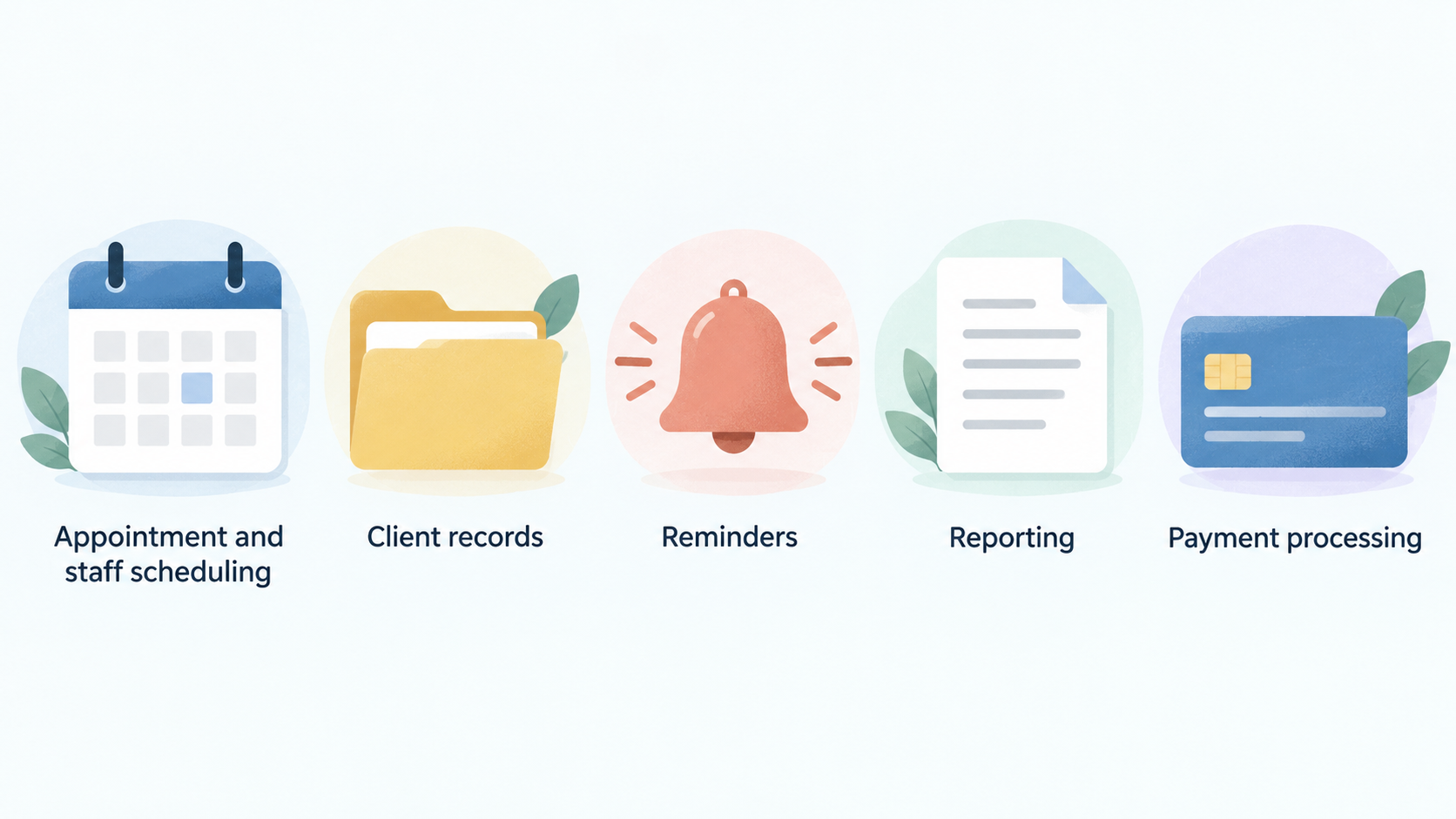 Show one horizontal row of five icons labeled Scheduling, Client records, Reminders, Payments, and Reporting.
