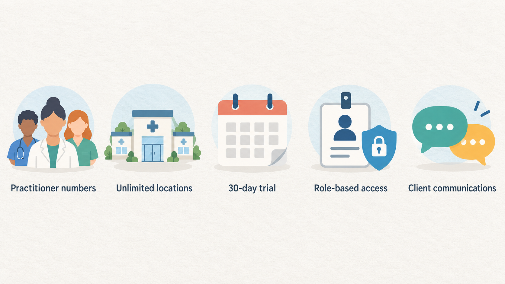 Show one row of five icons with short labels for the documented functions named in the verdict: role-based access, client communications, exports, referral-source tracking and API.