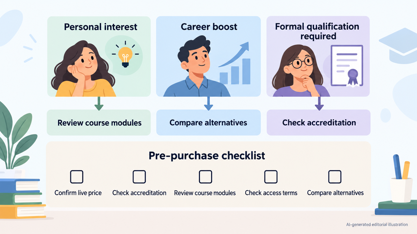 Help readers match their goal, budget and need for recognised credentials to New Skills Academy, ending in a short pre-purchase checklist